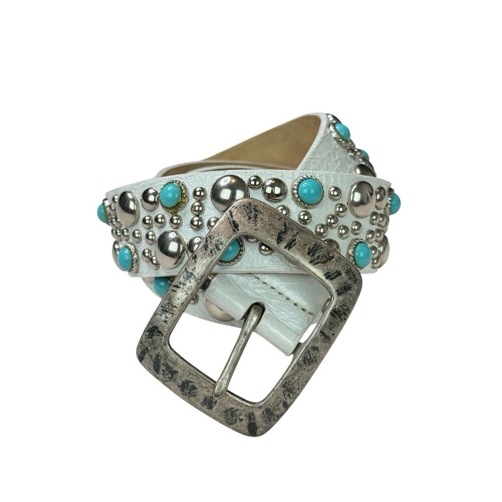 Streets Ahead Y2K White Turquoise Silver Studded Leather Belt Size Medium
